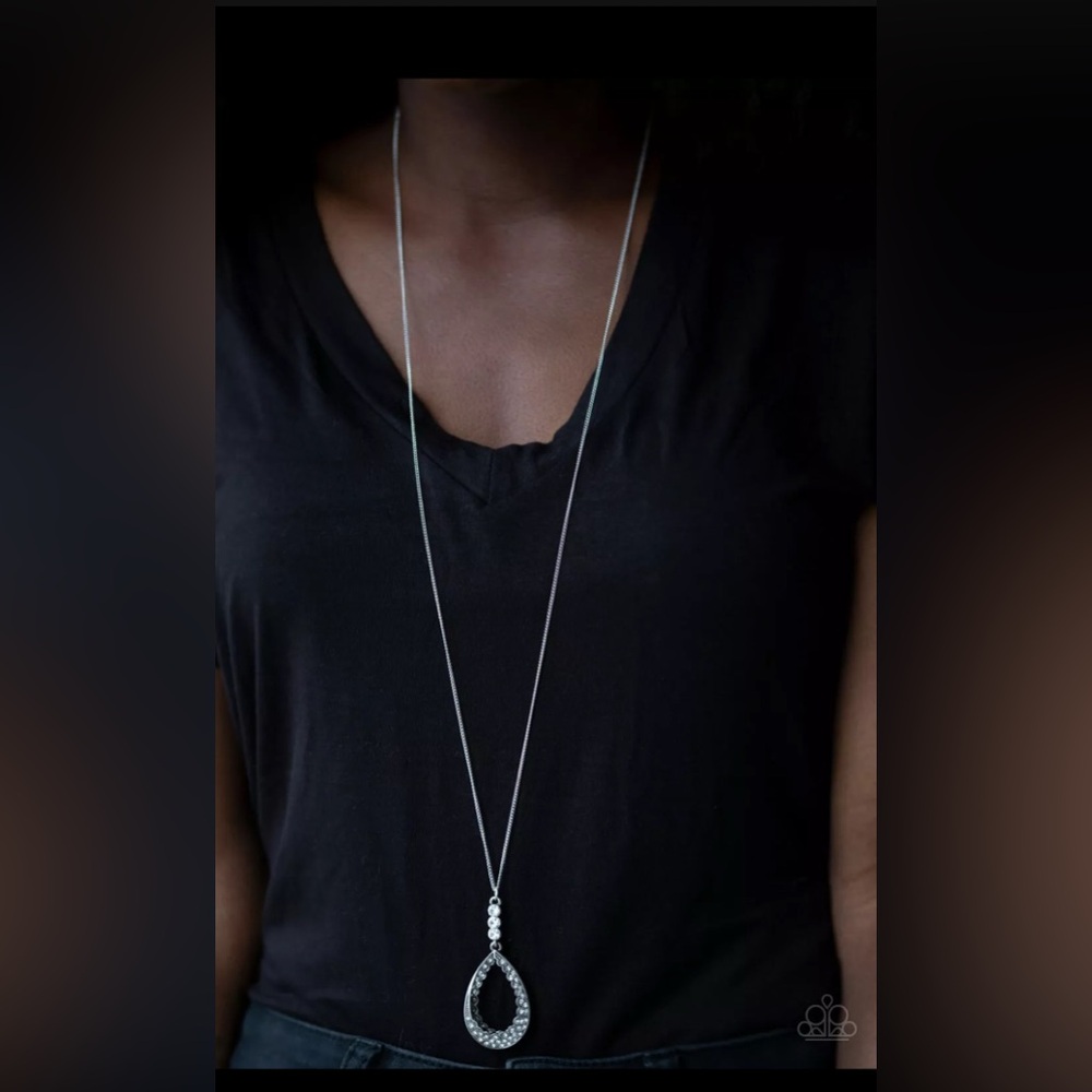 Paparazzi, red carpet, royal white teardrop rhinestone long necklace
